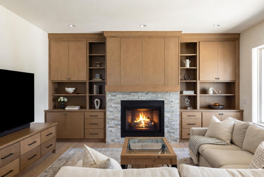 Architectural living room joinery and custom fireplace shelving in Brighton