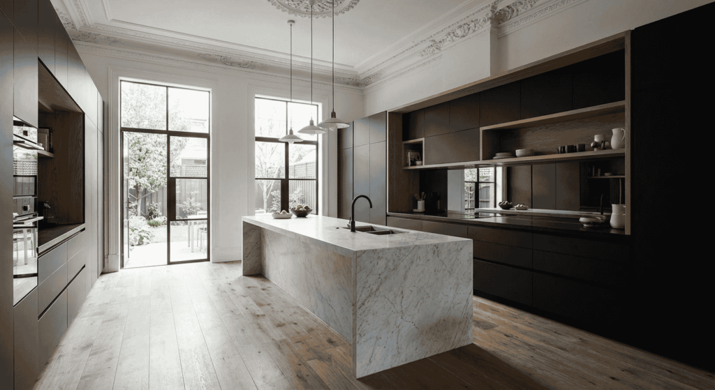 Bespoke Custom Kitchens Melbourne, Photorealistic interior design shot of a luxury modern kitchen in a Melbourne Victorian terrace renovation.