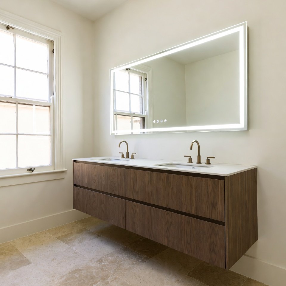 Wall-mounted bathroom vanity 2026 trend in Hawthorn heritage home — American oak with Fenix matte charcoal, porcelain benchtop and integrated LED mirror by Silk Touch Joinery