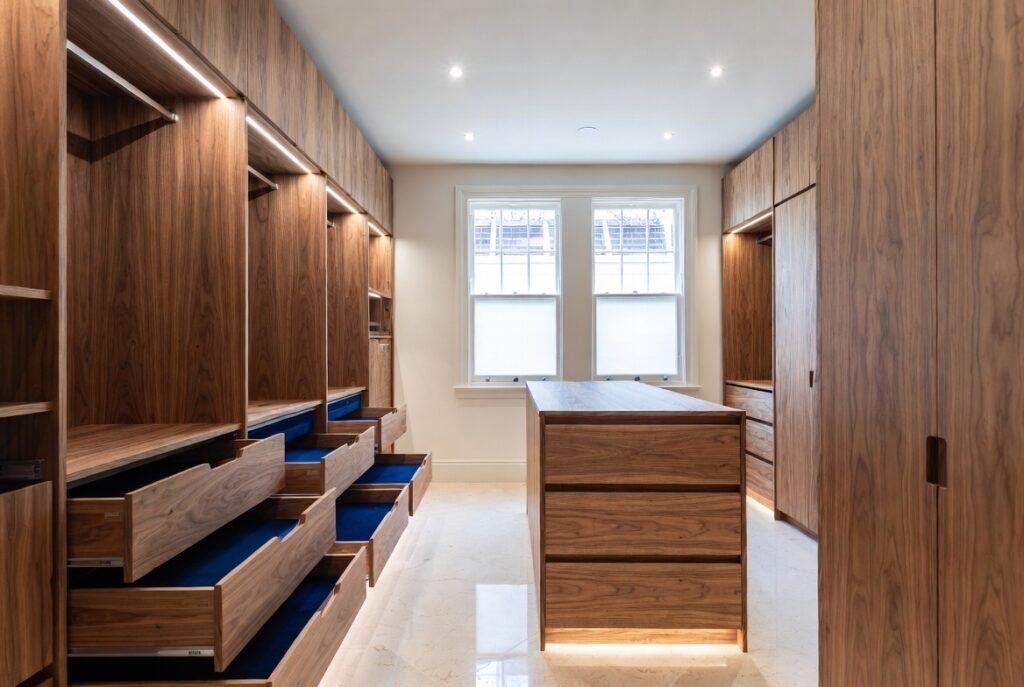 Book-matched American oak veneer walk-in wardrobe in Toorak heritage home 2026 — timeless luxury joinery with LED lighting and velvet-lined drawers by Silk Touch Joinery