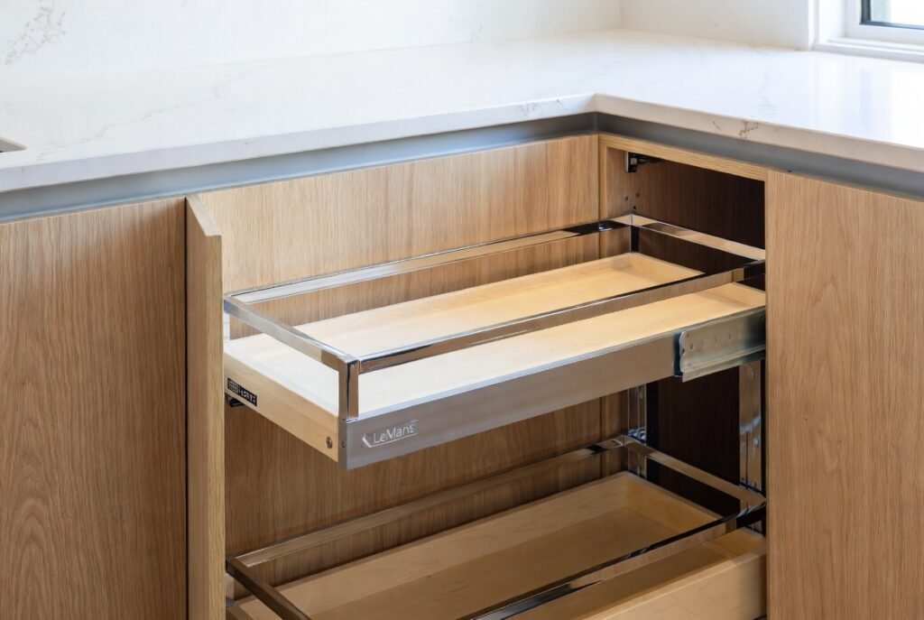 Blind corner cabinet solution with LeMans system in Camberwell luxury kitchen 2026 — maximum storage in American oak by Silk Touch Joinery