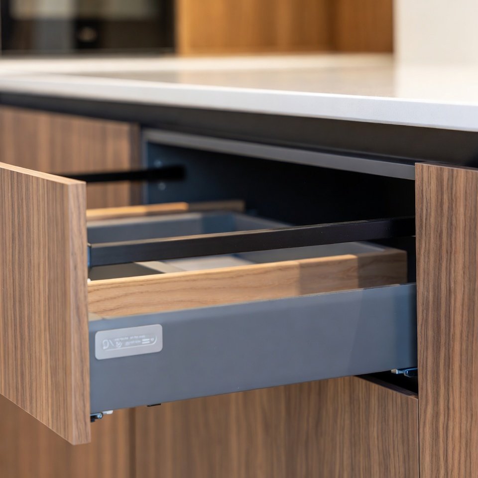 Blum Legrabox and Hettich Actro drawer runners side by side in luxury Camberwell kitchen joinery – premium soft-close hardware comparison 2026