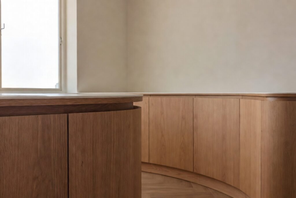 Curved joinery trends 2026 in Toorak heritage home — organic island and radius cabinets in American oak by Silk Touch Joinery