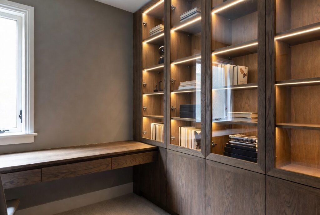 Custom home office joinery in Hawthorn heritage home 2026 — built-in American oak desk and LED bookcases by Silk Touch Joinery