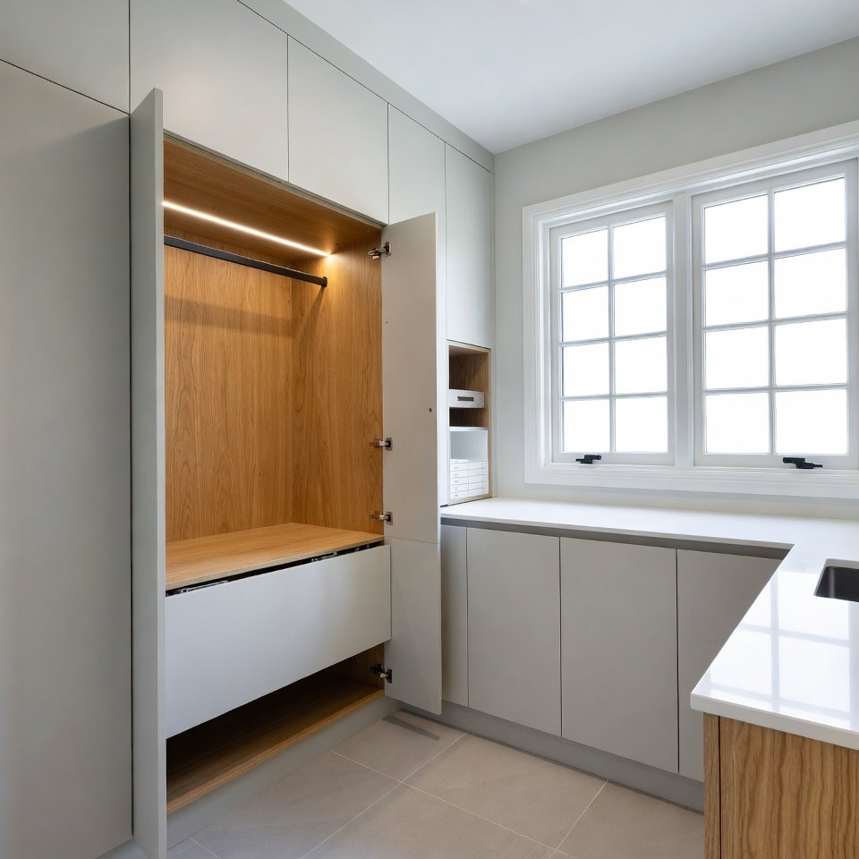 Custom laundry solutions Melbourne 2026 in Camberwell family home — Fenix matte cabinets, pull-out folding station, hidden drying cabinet and natural light — space-saving luxury laundry design by Silk Touch Joinery