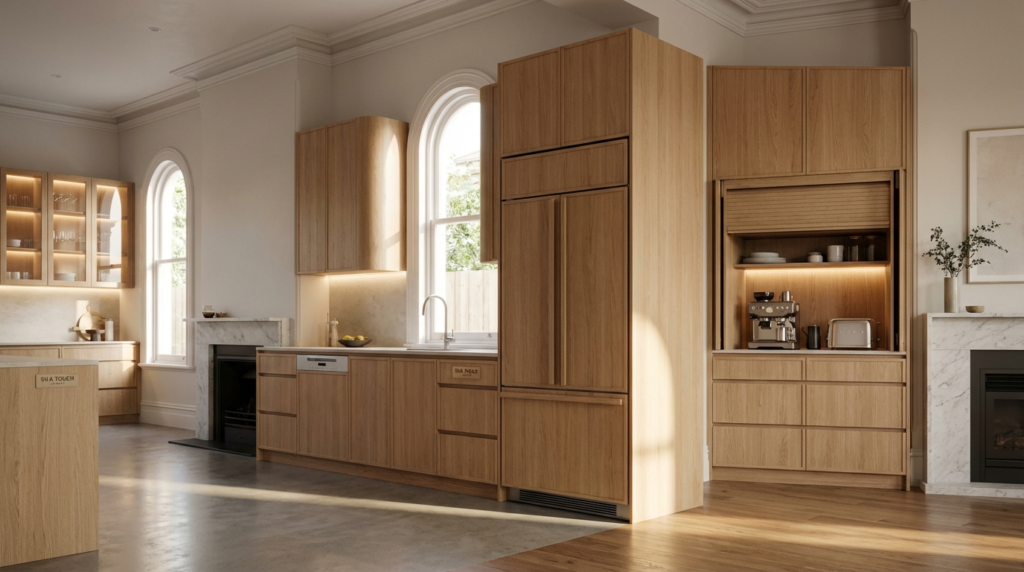 Seamless integrated kitchen joinery in Hawthorn heritage home 2026 — panel-ready fridge, concealed dishwasher and appliance garage in American oak veneer by Silk Touch Joinery