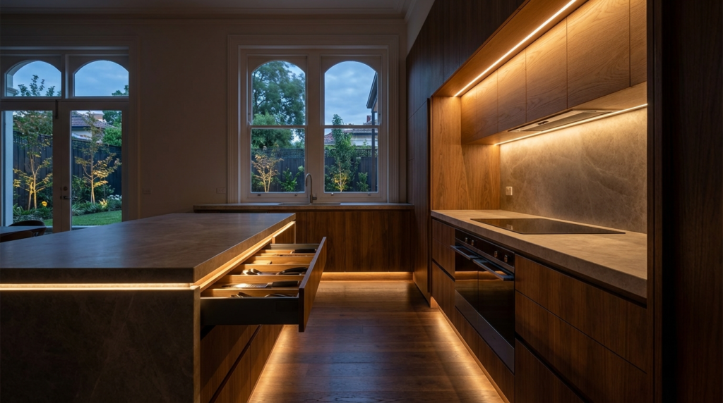 LED lighting custom joinery Melbourne 2026 — discover under-cabinet, wardrobe, island and smart LED innovations for Inner East homes. Real projects, costs and expert installation from Silk Touch Joinery.
