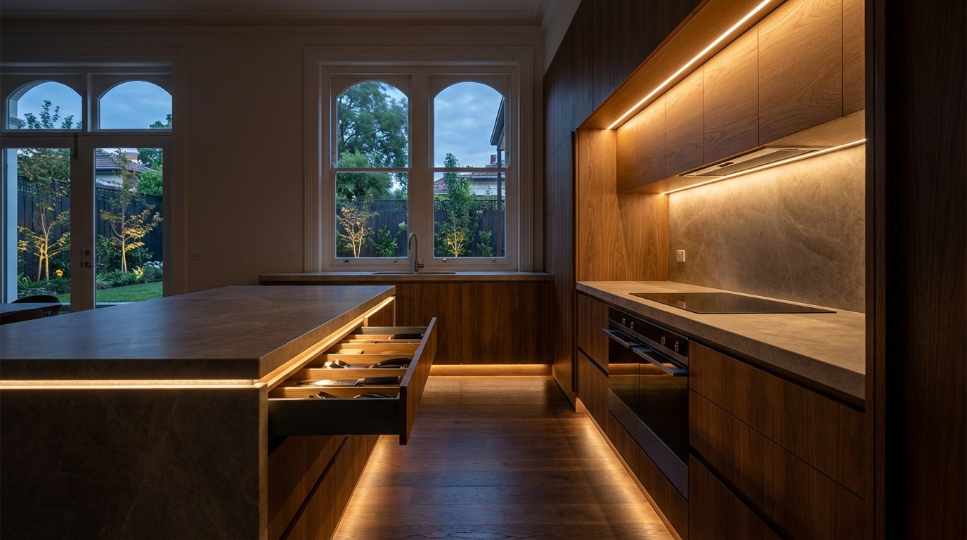 LED lighting custom joinery Melbourne 2026 — discover under-cabinet, wardrobe, island and smart LED innovations for Inner East homes. Real projects, costs and expert installation from Silk Touch Joinery.