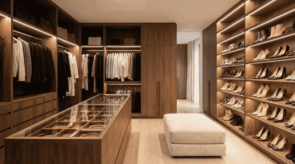 Luxury Custom Wardrobes Melbourne featuring walk-in robe island and LED lighting