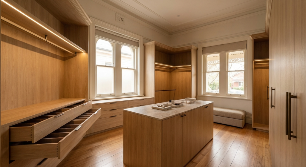 Tasmanian oak veneer walk-in wardrobe in Federation heritage home Melbourne 2026 — warm straw grain with 2-pac finish and Blum soft-close drawers by Silk Touch Joinery