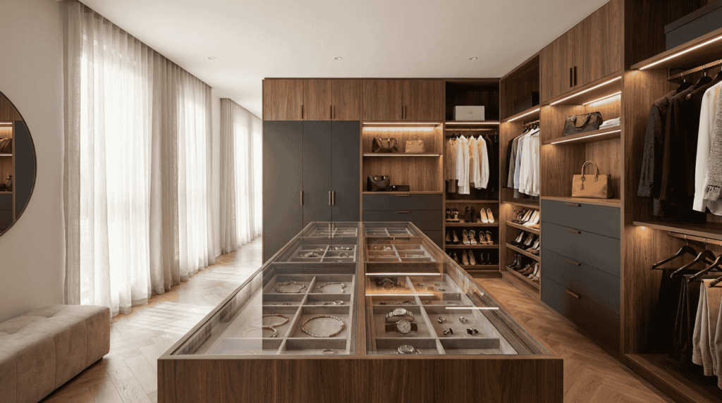 Luxury custom walk-in wardrobe design in Melbourne showing timber veneer finishes and island bench. The Custom Wardrobe Cost in Melbourne Blog Hero