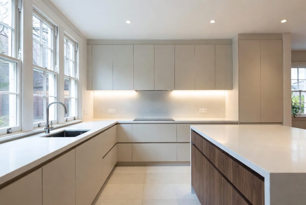 2026 kitchen benchtop trends Melbourne — porcelain waterfall island and Caesarstone perimeter in Camberwell heritage home with American oak cabinets by Silk Touch Joinery