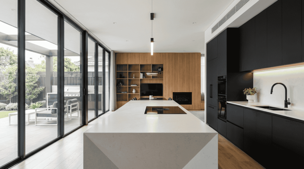 Modern kitchen renovation in Brighton featuring matte black Fenix NTM cabinetry and Tasmanian Oak details.