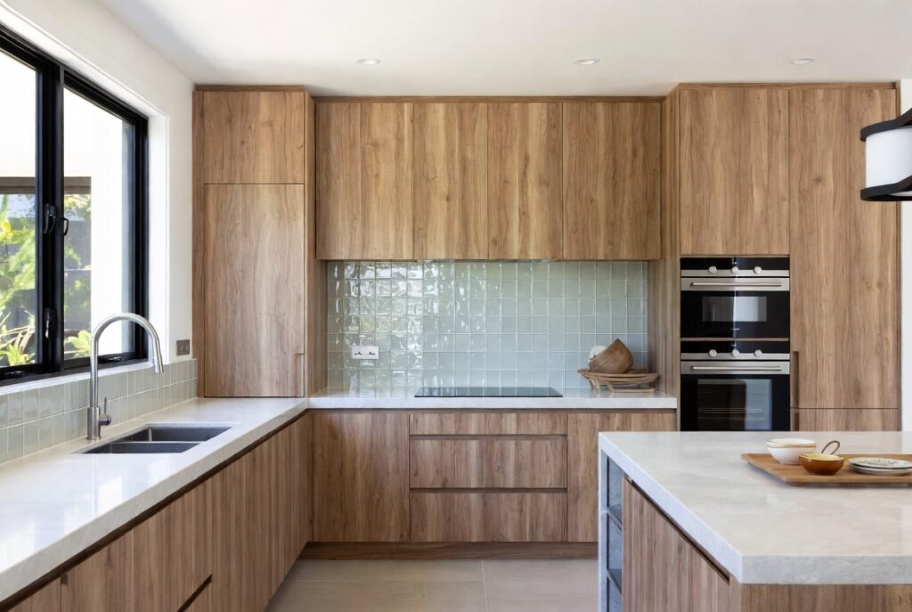 Sustainable bespoke joinery Kew 2026 — FSC American oak, low-VOC 2-pack and recycled Caesarstone by Silk Touch Joinery