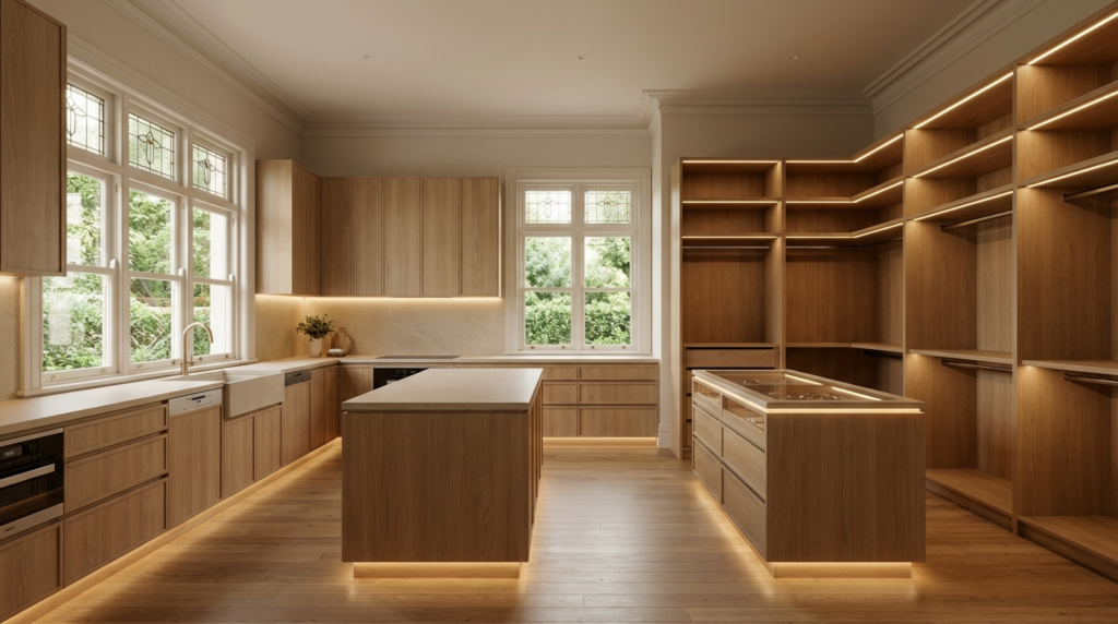 Whole-home joinery Kew 2026 — seamless kitchen and walk-in wardrobe with matching American oak and LED lighting by Silk Touch Joinery