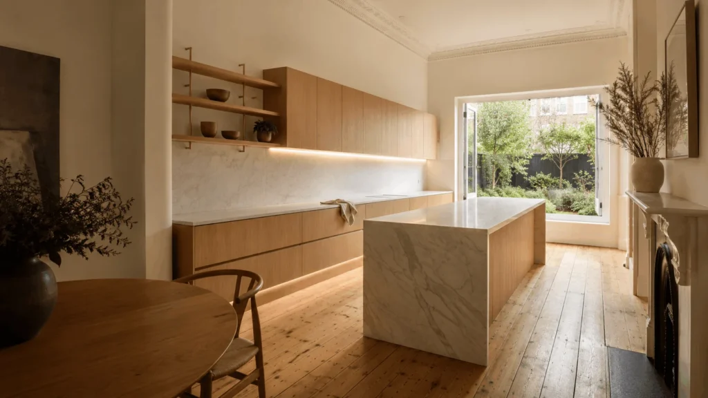 Japandi kitchen joinery Thornbury 2026 — warm minimal bespoke cabinetry in a Victorian terrace by Silk Touch Joinery