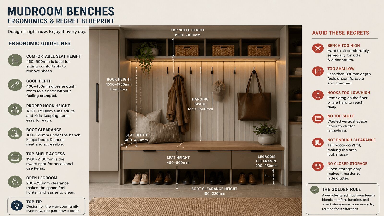 Ergonomically designed mudroom bench with clear circulation space.