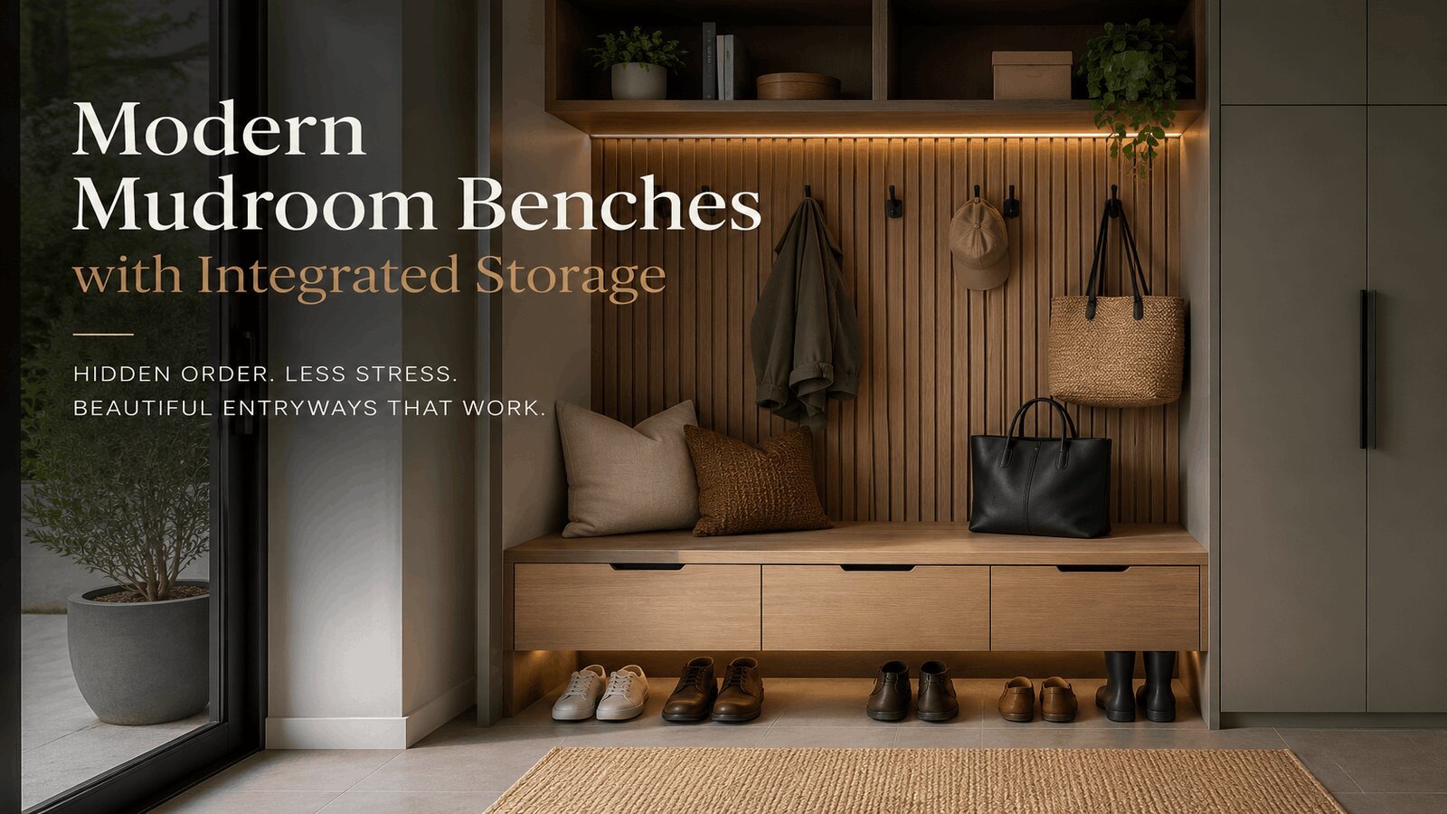 Modern mudroom bench with integrated storage in a warm, contemporary family home.