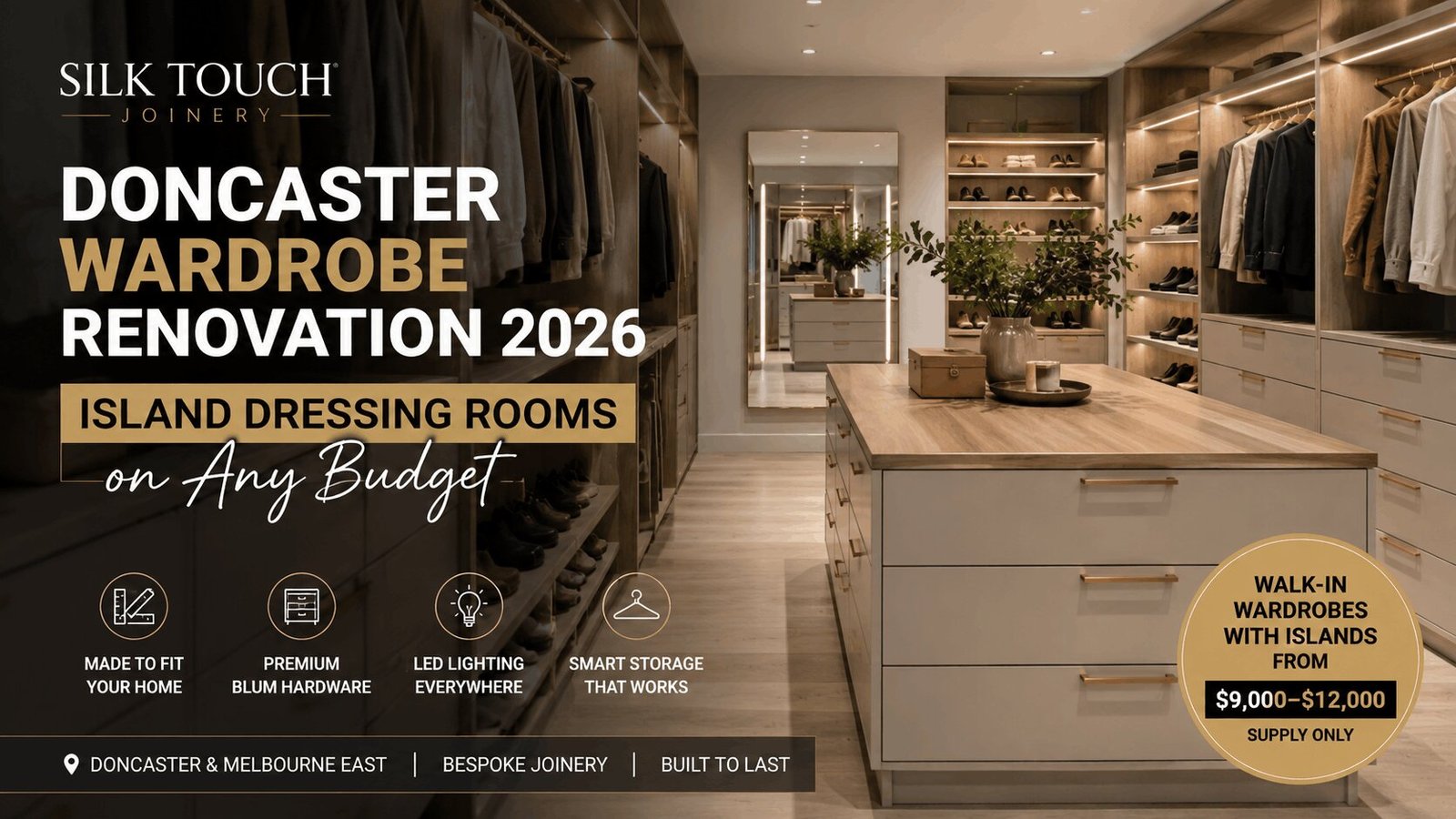Doncaster wardrobe renovation 2026 — island dressing room by Silk Touch Joinery