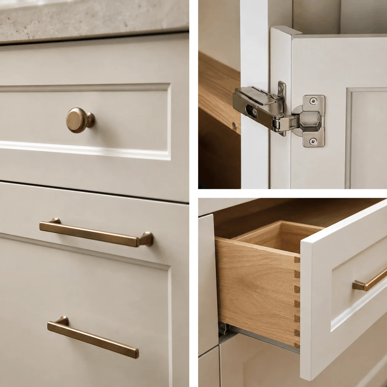 Illustrative cabinet profile, brass hardware, concealed hinge and timber drawer-box details