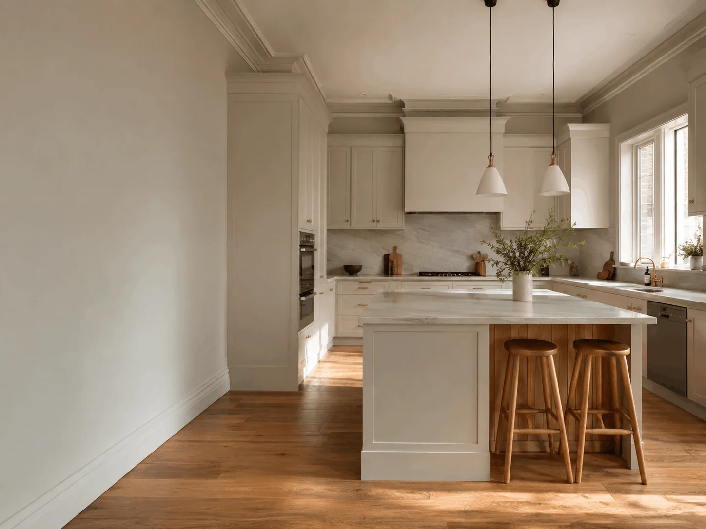 Illustrative custom kitchen concept for a Camberwell home with an island and warm neutral cabinetry