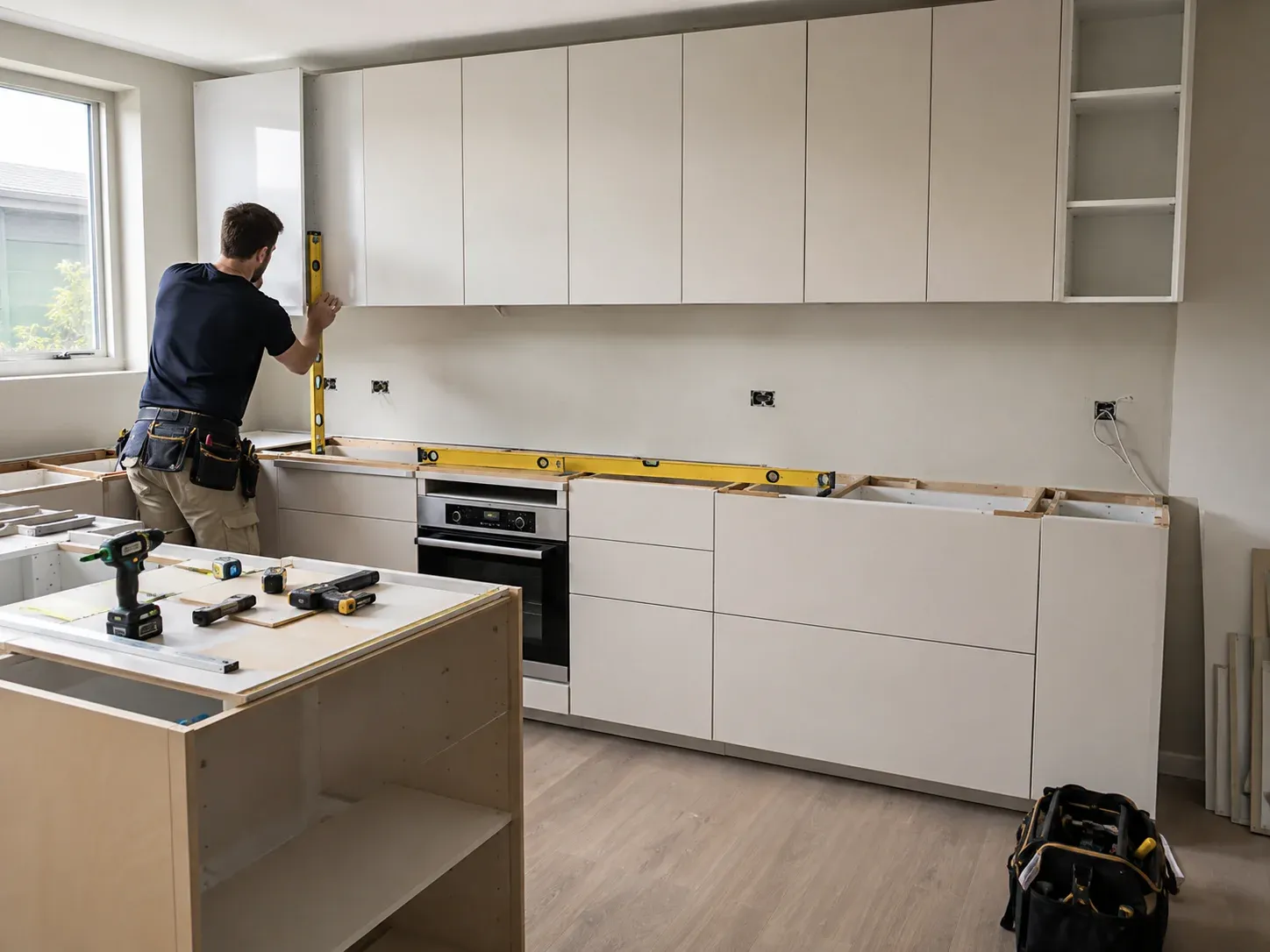 Illustrative modular kitchen installation showing cabinet alignment, fitting and finishing work.