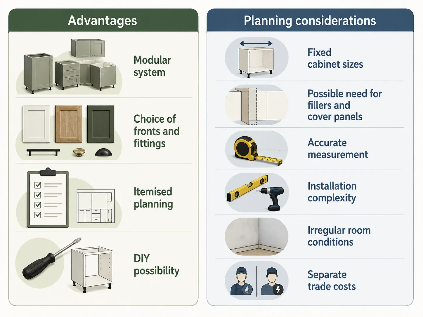 Visual comparison of modular kitchen advantages and planning considerations including fixed cabinet sizes and installation requirements.