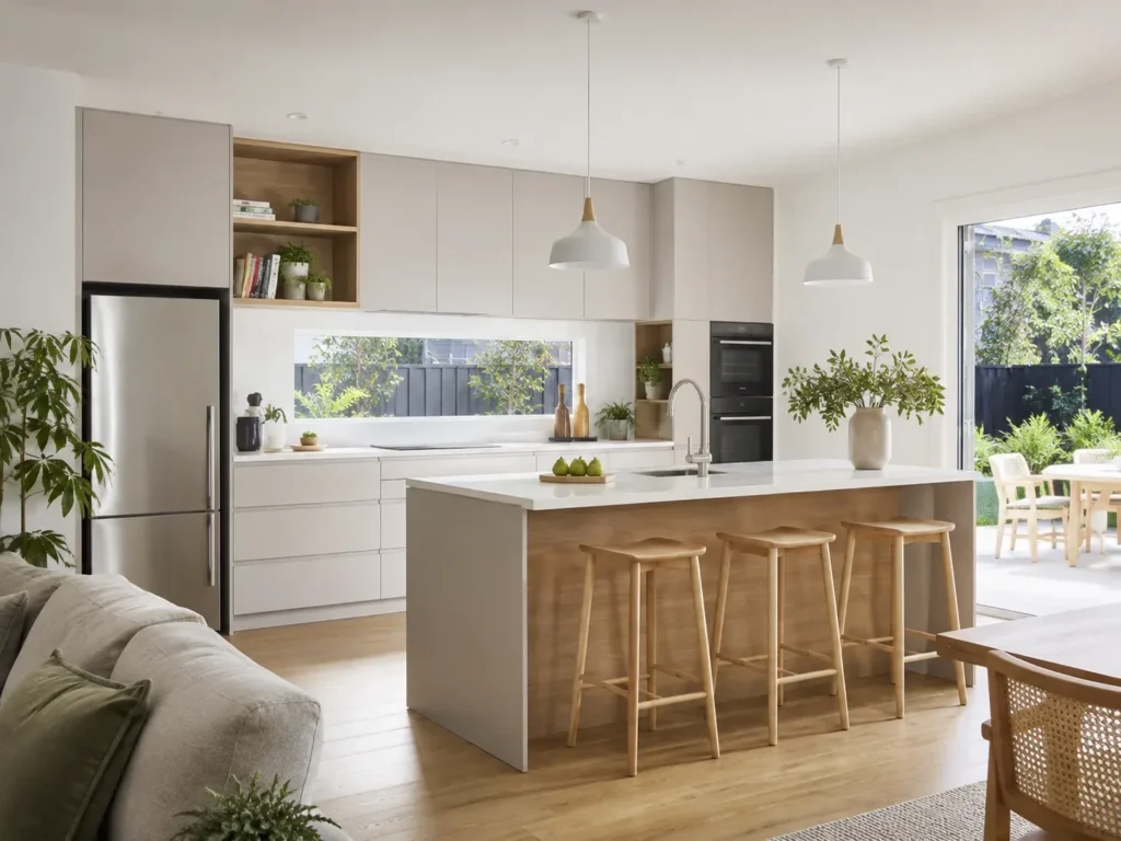 Contemporary modular kitchen in an Australian home with light cabinetry, timber accents and a central island.