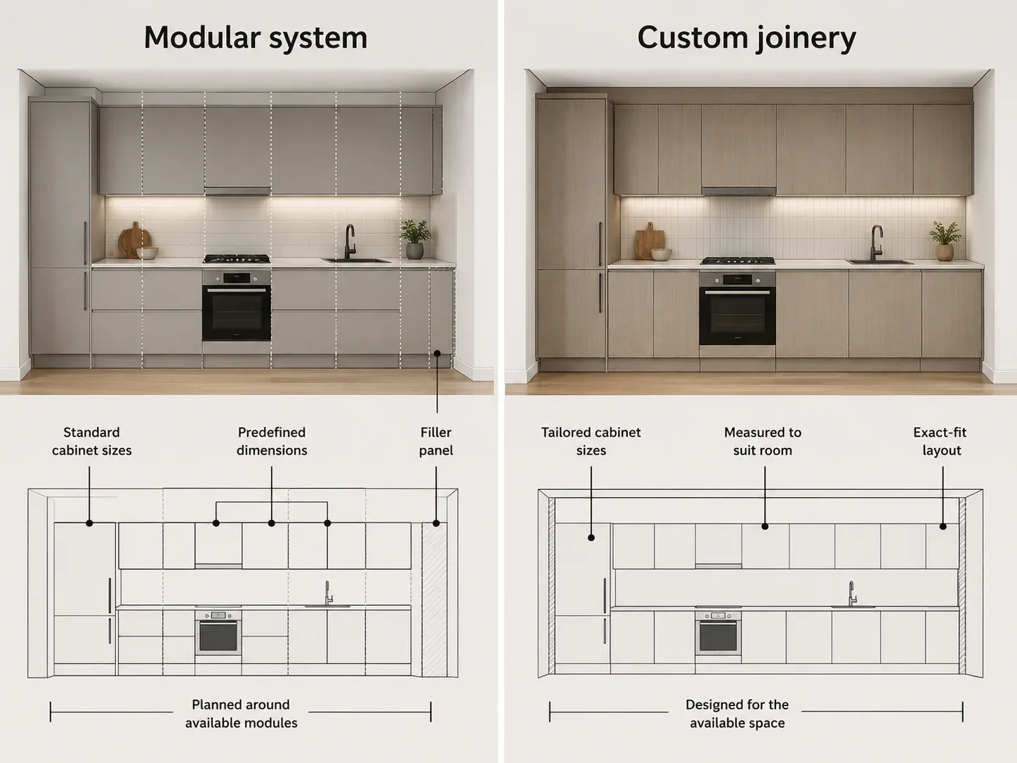 Comparison of standard modular kitchen cabinets with filler use and exact-fit custom joinery designed to suit the room.