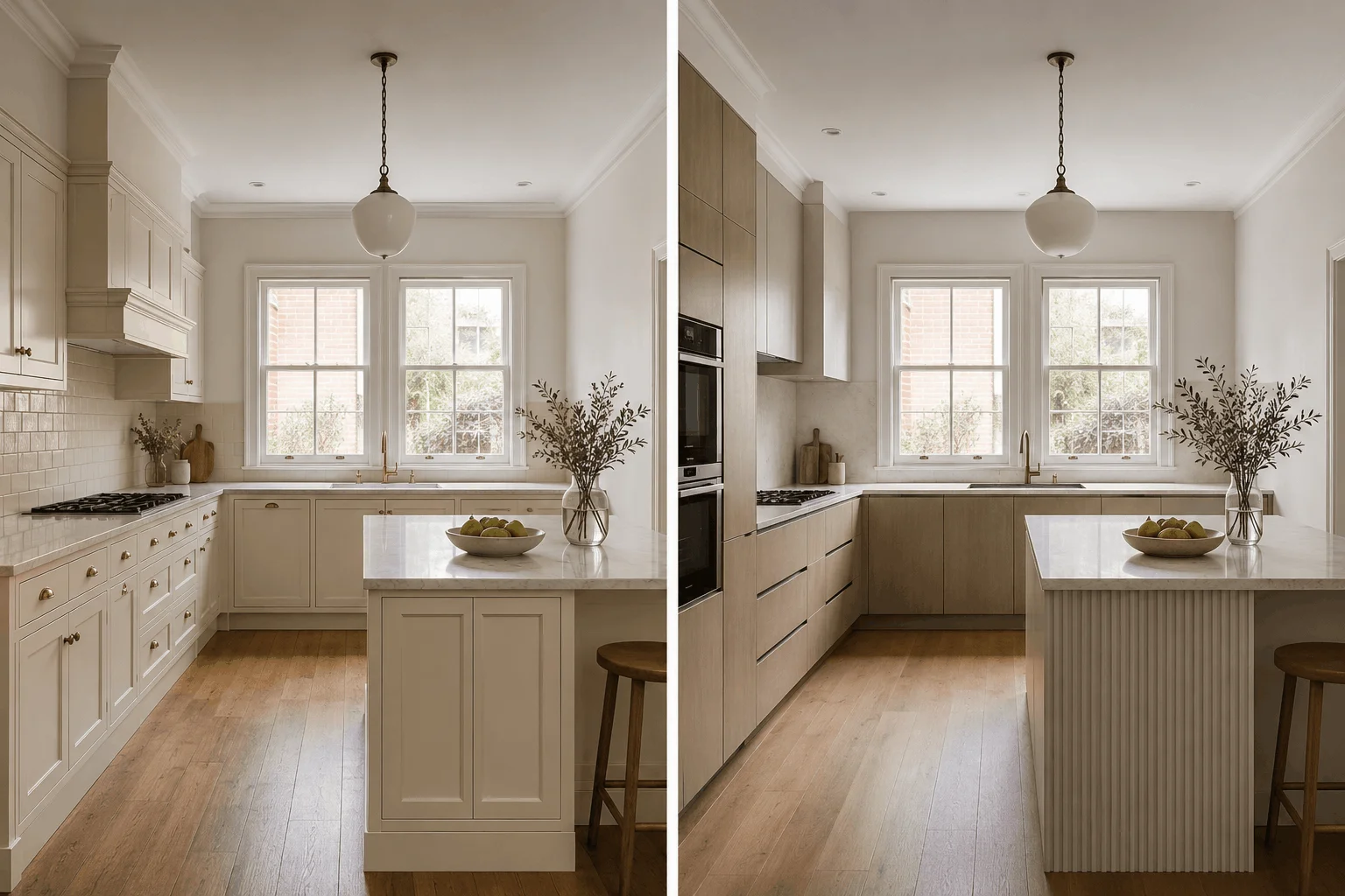 Illustrative comparison of traditional and transitional custom kitchen design directions for the same room
