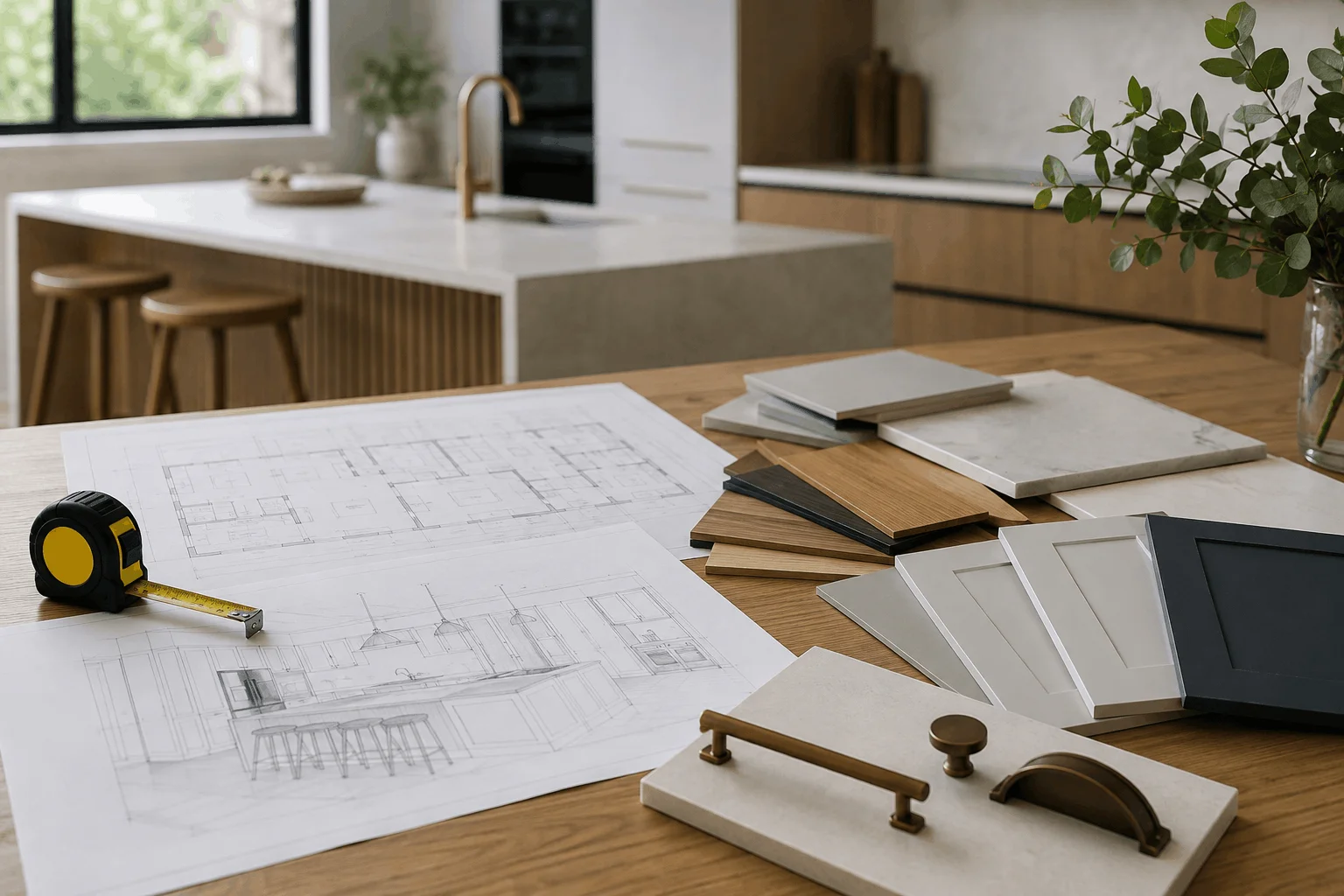 Illustrative kitchen design planning scene with drawings, finish samples, hardware and measuring tools