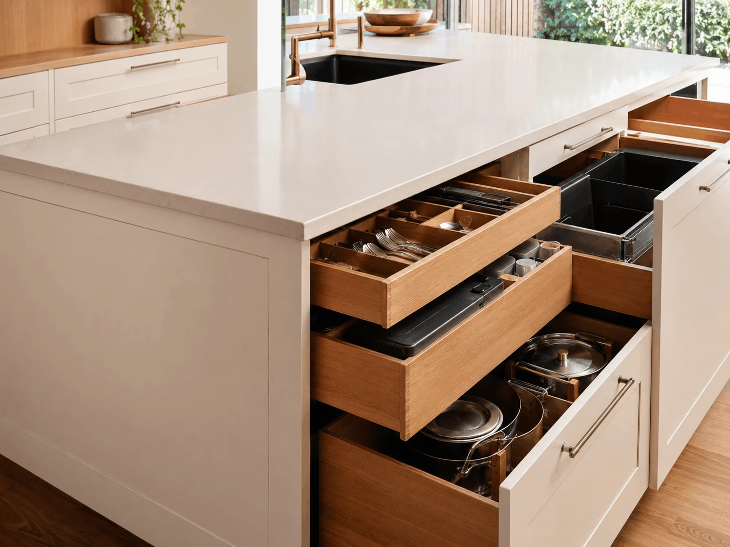 Illustrative kitchen island storage with organised cutlery drawers, cookware drawers and concealed bins