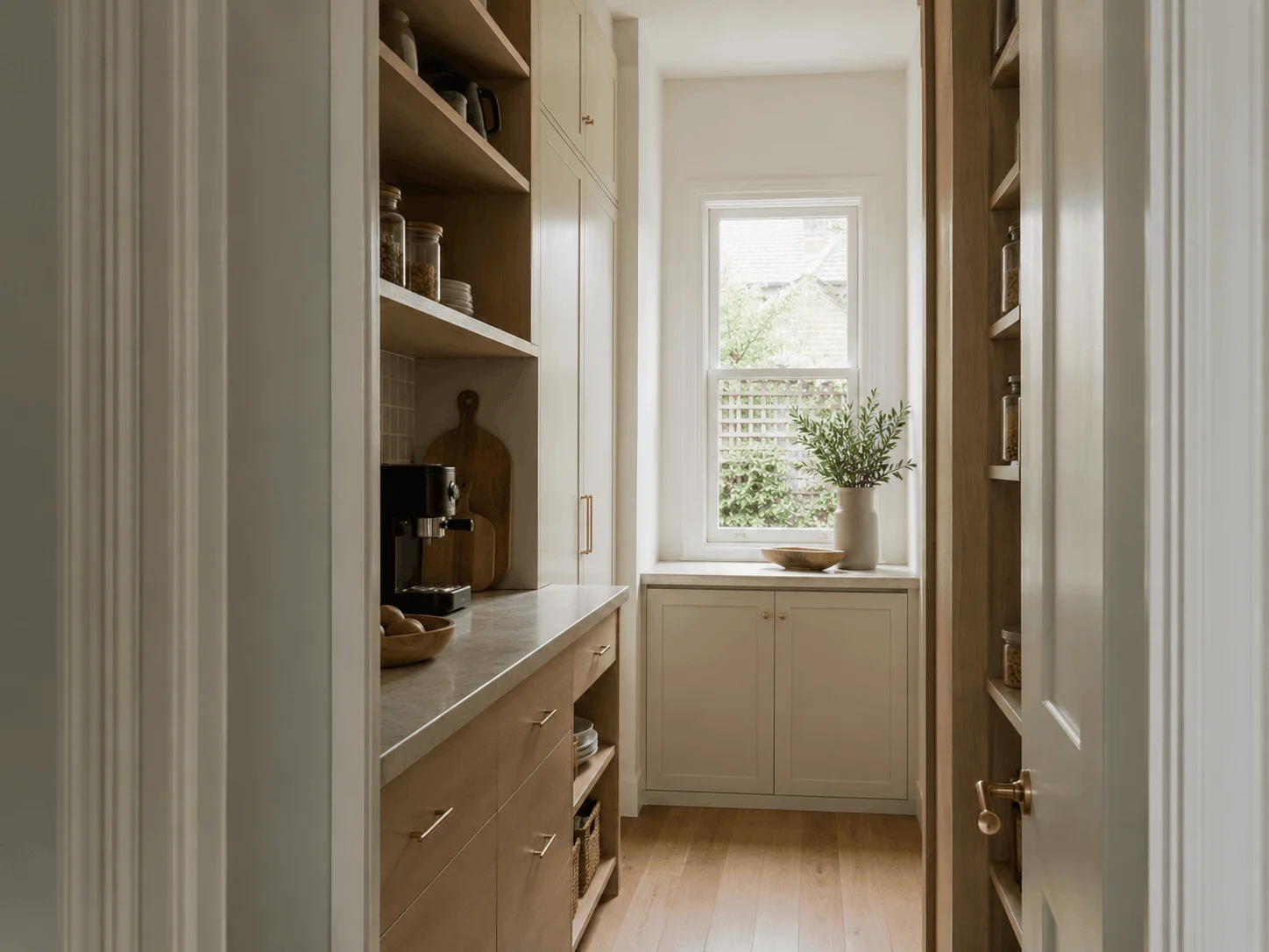 Illustrative pantry and scullery joinery with open shelving, drawers and an appliance bench