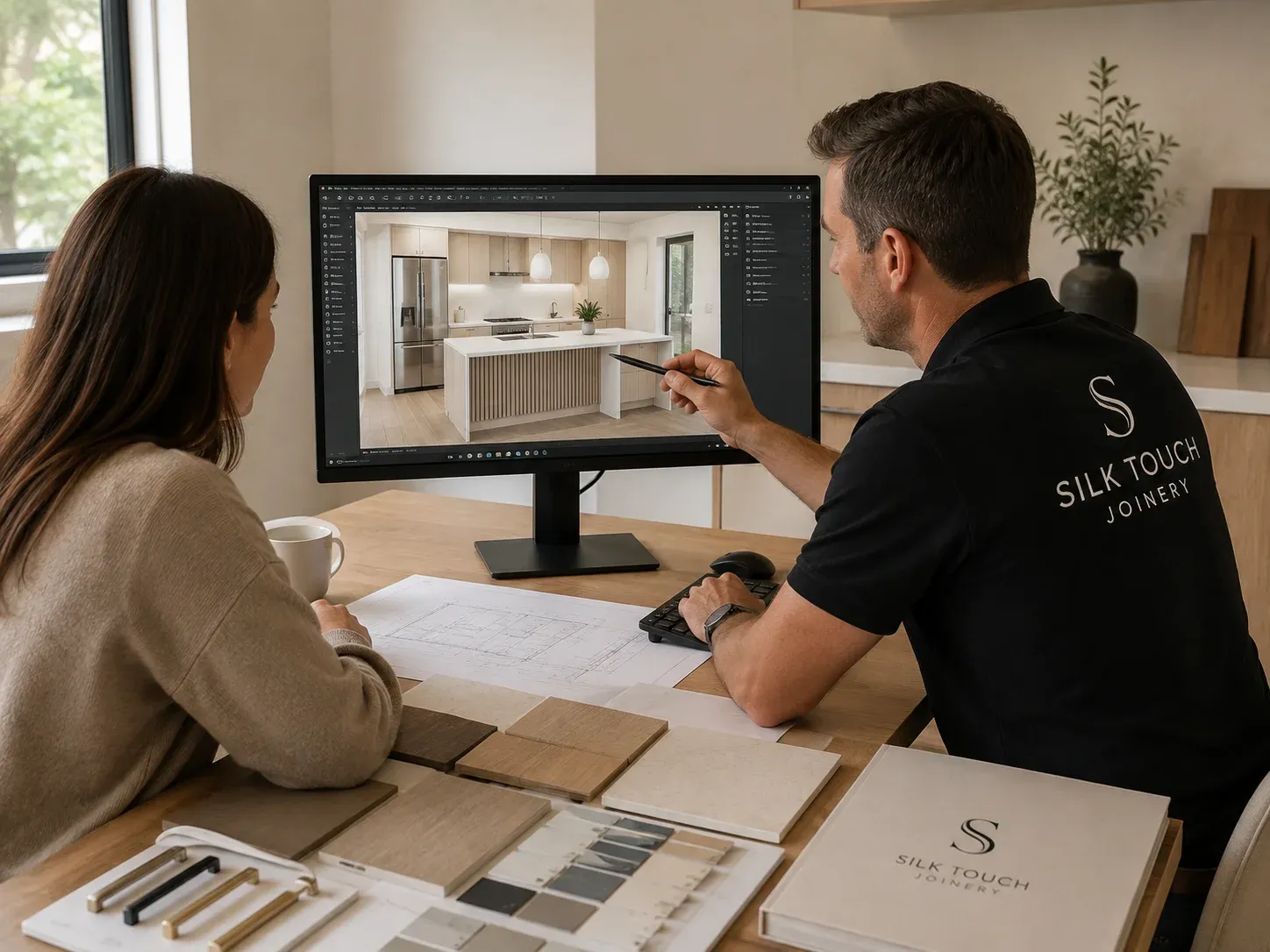 Illustrative joinery planning scene with project drawings and material samples