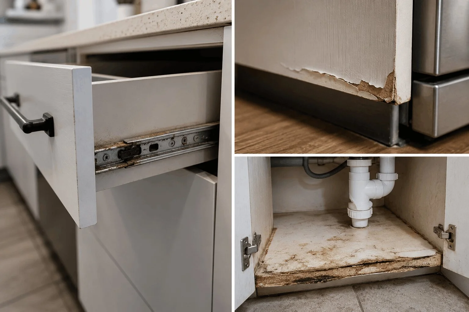 Flat-pack kitchen wear and failure details after 10 years