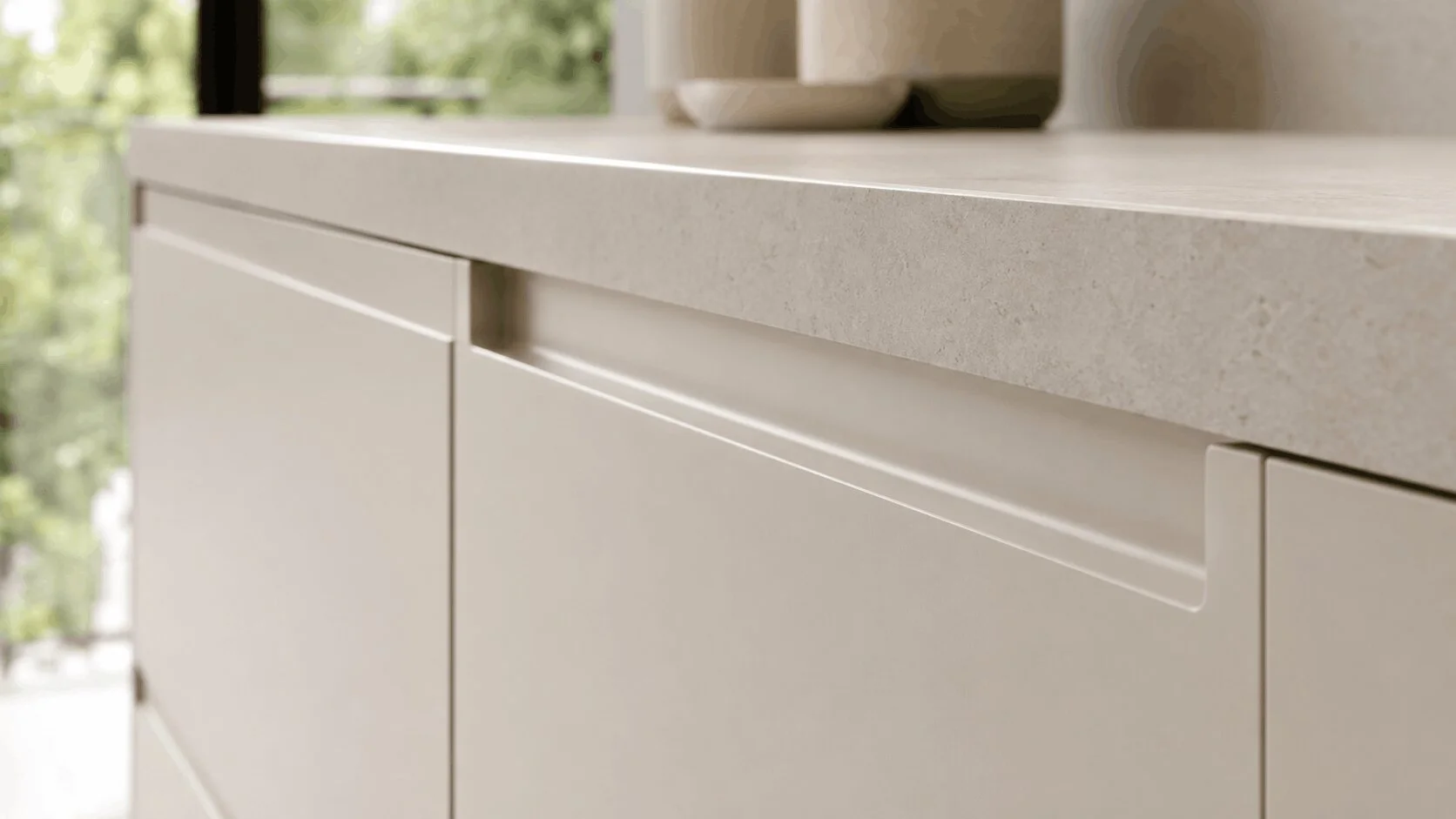 Integrated J-pull handleless kitchen cabinet detail in Melbourne bespoke joinery