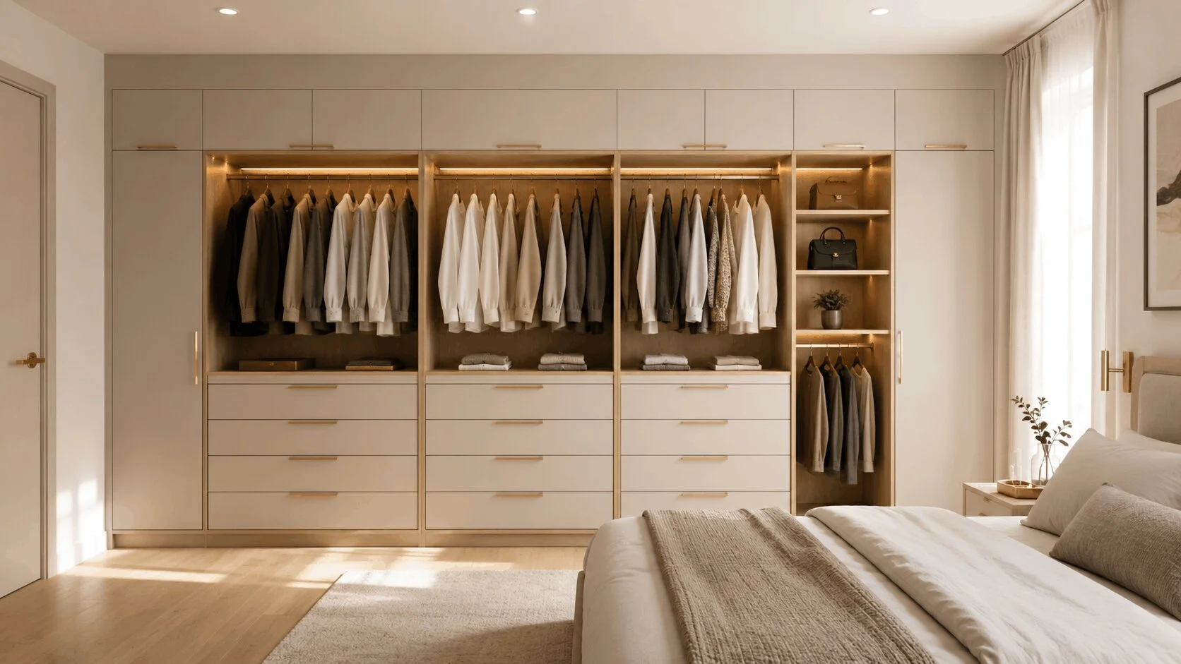 Doncaster built-in wardrobe wall run in warm white and oak by Silk Touch Joinery
